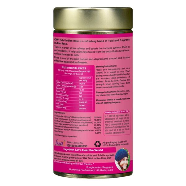 Tulsi Indian Rose Tea Tin Pack (100 Gm) | Made With Tulsi & Fragrant Indian Rose | Rich In Antioxidants | Stress Reliever | Immunity Booster | Good For Skin - Image 2
